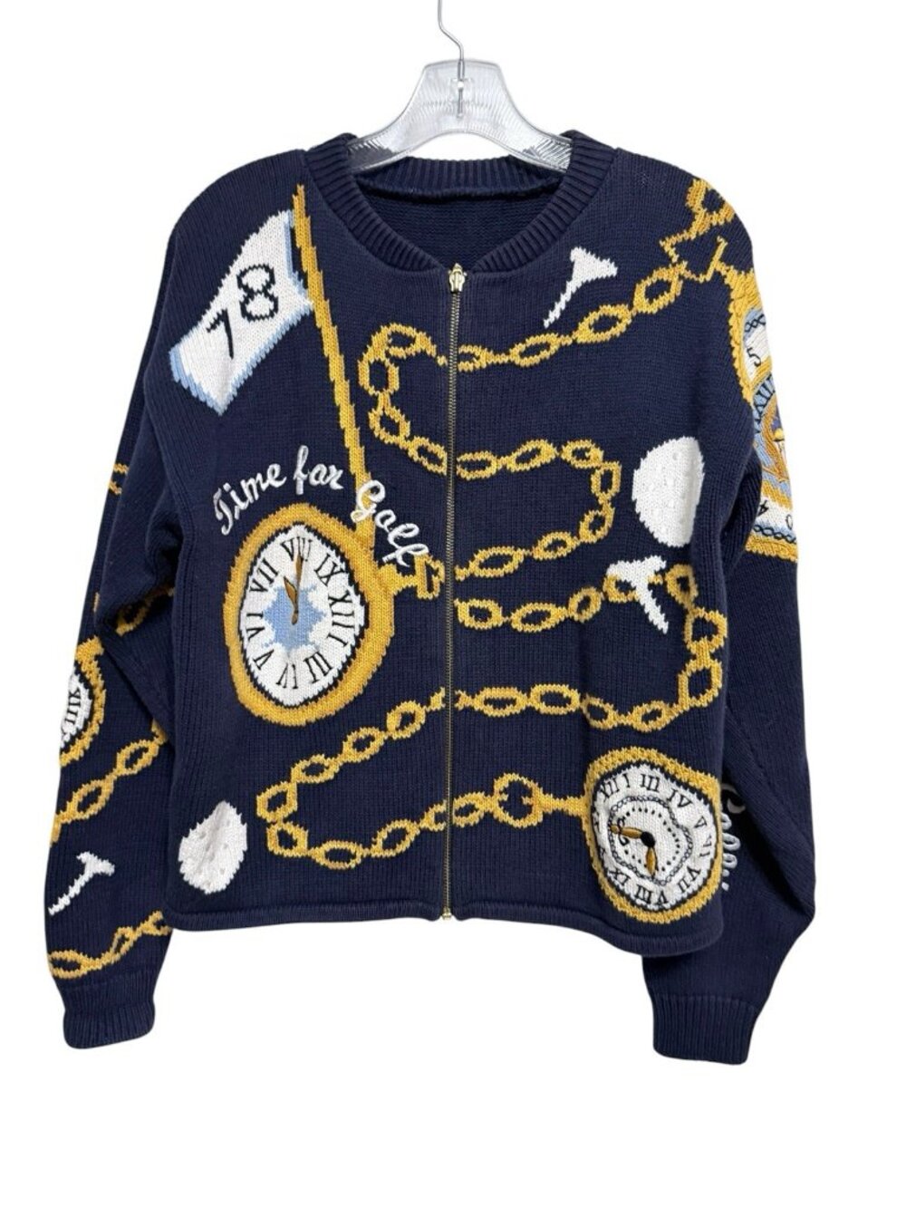 Vintage Bellepointe "Time For Golf" Full Zip Sweater Size Medium Blue & Gold